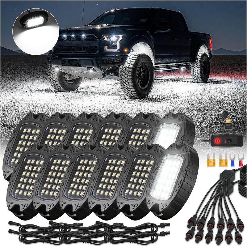 ZONECONA 12Pods Aluminum Housing Plug and Play All Pure White LED Rock Lights Kit with Switch Harness Wiring Extension,Quick Connect 6500K Metal Underglow 12V Waterproof for Semi Trucks Pickup Jeep ATV UTV SXS - Image 1